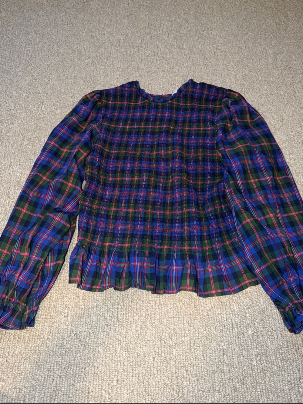 Old Navy Plaid Smocked Peplum Blouse - Blue, Green, Purple - Picture 1 of 3